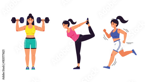 Sticker collection featuring a woman running, lifting weights, and training, ideal for planners, fitness diaries, and modern flat vector lifestyle themes