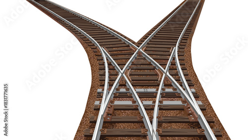 Railroad tracks converge dramatically, symbolizing choices, diverging paths, and the journey ahead with rustic textures and dynamic lines