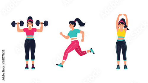 Sticker collection featuring a woman running, lifting weights, and training, ideal for planners, fitness diaries, and modern flat vector lifestyle themes