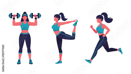 Sticker collection featuring a woman running, lifting weights, and training, ideal for planners, fitness diaries, and modern flat vector lifestyle themes