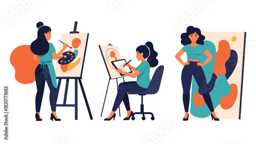 Cute sticker set of a woman drawing, painting, and creating art, perfect for creative planners and artistic flat vector collections