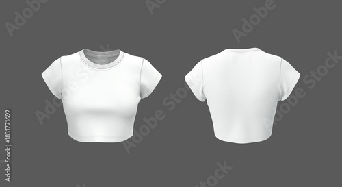 3D rendering of women’s crop top t-shirt mockup. Short sleeve crew neck design showing front, and back view with realistic fabric texture