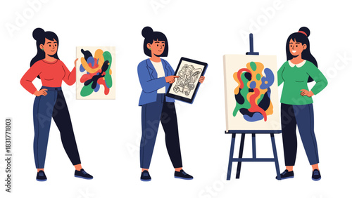 Cute sticker set of a woman drawing, painting, and creating art, perfect for creative planners and artistic flat vector collections