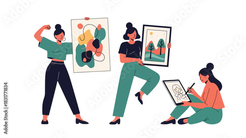 Cute sticker set of a woman drawing, painting, and creating art, perfect for creative planners and artistic flat vector collections