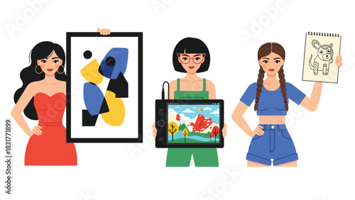 Cute sticker set of a woman drawing, painting, and creating art, perfect for creative planners and artistic flat vector collections