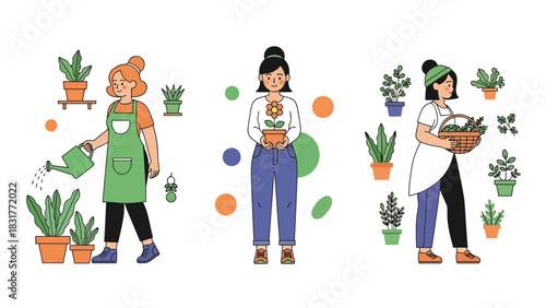 Flat vector gardening sticker collection of a woman watering plants, holding flowers, and planting seeds. Ideal for nature and lifestyle planner designs