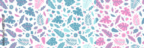 Tropical floral seamless pattern set with exotic leaves and flowers. Seamless jungle design for fabric, wallpaper. Vibrant botanical illustration with palm foliage, summer print. Vector background
