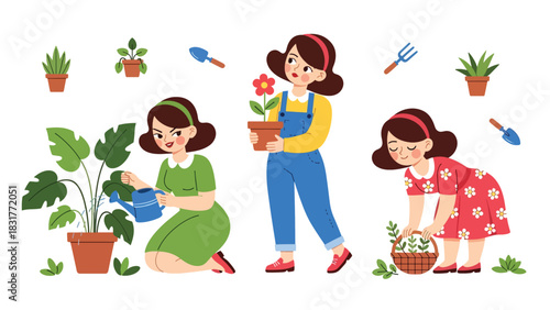 Flat vector gardening sticker collection of a woman watering plants, holding flowers, and planting seeds. Ideal for nature and lifestyle planner designs