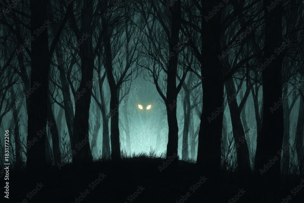 Fototapeta premium Mysterious Forest with Glowing Eyes at Night