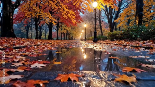 Autumn park pathway with wet ground and glowing lanterns under colorful trees