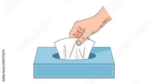 Hand pulling a facial tissue from a light blue box for hygiene and self-care in a clean and modern design aesthetic