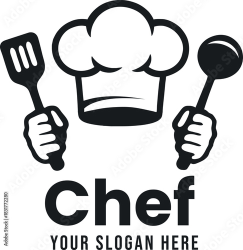 Chef logo with hat spatula and ladle held by hands with slogan in black and white vector art