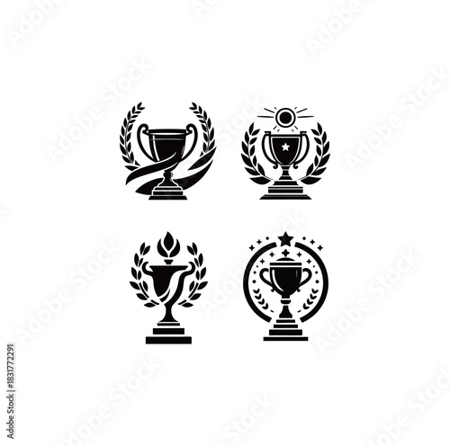 four designs of trophies or trophies in black and white silhouette style