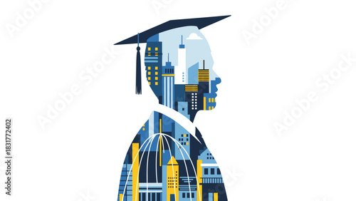 Celebrating graduation and a bright future in the city with stunning architectural design and a hopeful silhouette of success ahead