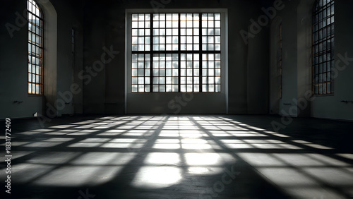 Wallpaper Mural A large central grid window casting big uniform rectangular shadows forming minimal graphic shapes on empty floor Torontodigital.ca