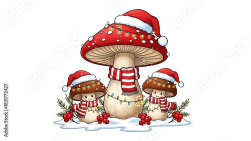 Mushroom Family with Christmas Decorations