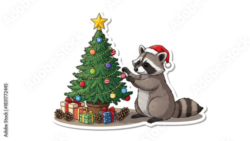 Raccoon with Miniature Christmas Tree