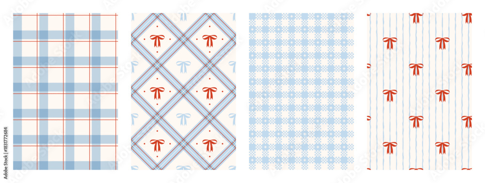 Obraz premium Wrapping paper seamless pattern set. Coquette holiday print. Xmas plaid texture with red bow and ribbons. Preppy cute geometric abstract print. Blue checkered background. Vector illustration