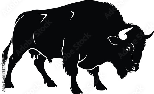 Bison silhouette illustration, side profile view, black vector, American wildlife, muscular body, shaggy mane, iconic animal, nature symbol