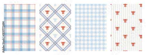 Wrapping paper seamless pattern set. Coquette holiday print. Xmas plaid texture with red bow and ribbons. Preppy cute geometric abstract print. Blue checkered background. Vector illustration