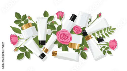 Luxurious spa day concept with elegant skincare products and fresh pink roses for beauty and wellness promotions and marketing campaigns