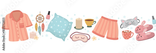 Seamless border with sleep masks, pajama, cup, dream catcher, slippers, candles, pillow. Horizontal pattern with elements for pajama party