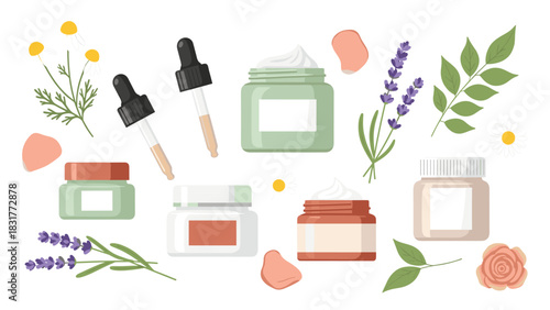 Elegant natural skincare product assortment with lavender, chamomile, and rose petals for a vibrant, healthy glow and youthful complexion