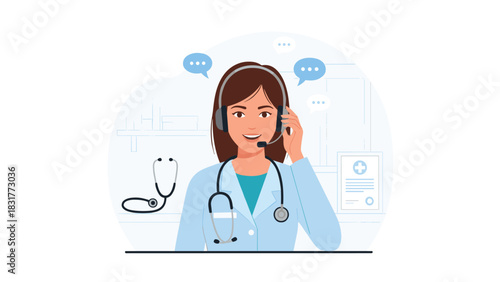 Friendly female doctor providing telemedicine support and virtual consultation services with headset and stethoscope ready to help online