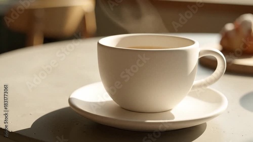 A matte white mug of tea steams on a matching saucer