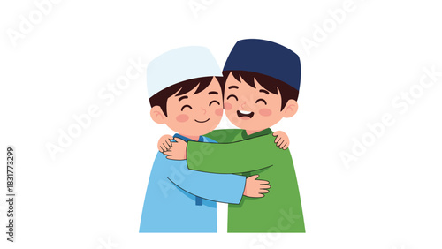 Two smiling Muslim boys warmly embracing, celebrating Eid with joy and friendship, symbolizing cultural traditions and community togetherness