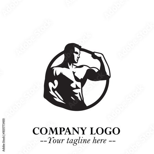 Man With Muscle Logo Symbol in Black on White Background for Strong Bold Fitness Branding Design Art