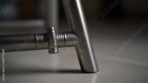 Closeup of a metal tube with a ribbed collar and a vertical tube attachment