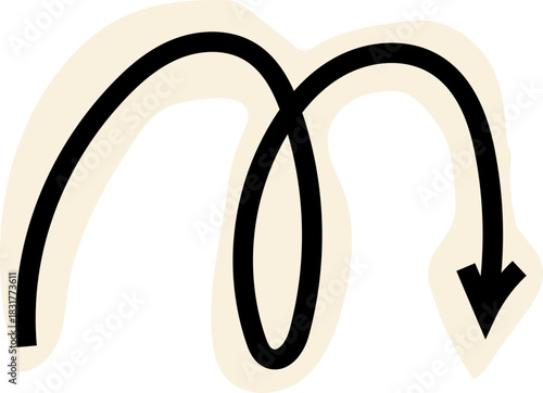 Spiral arrow doodle, collage cutout wavy twist minimal squiggly line. Curve comic turn way cut out direction. Playful quirky simple free hand elements. 