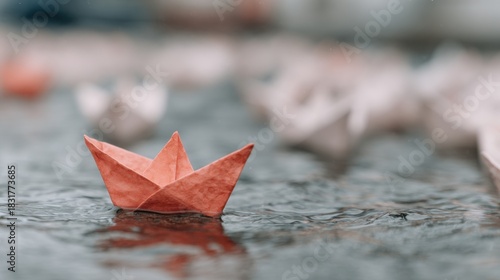 Wallpaper Mural Colorful paper boats float peacefully on a rainy day in a tranquil pond Torontodigital.ca