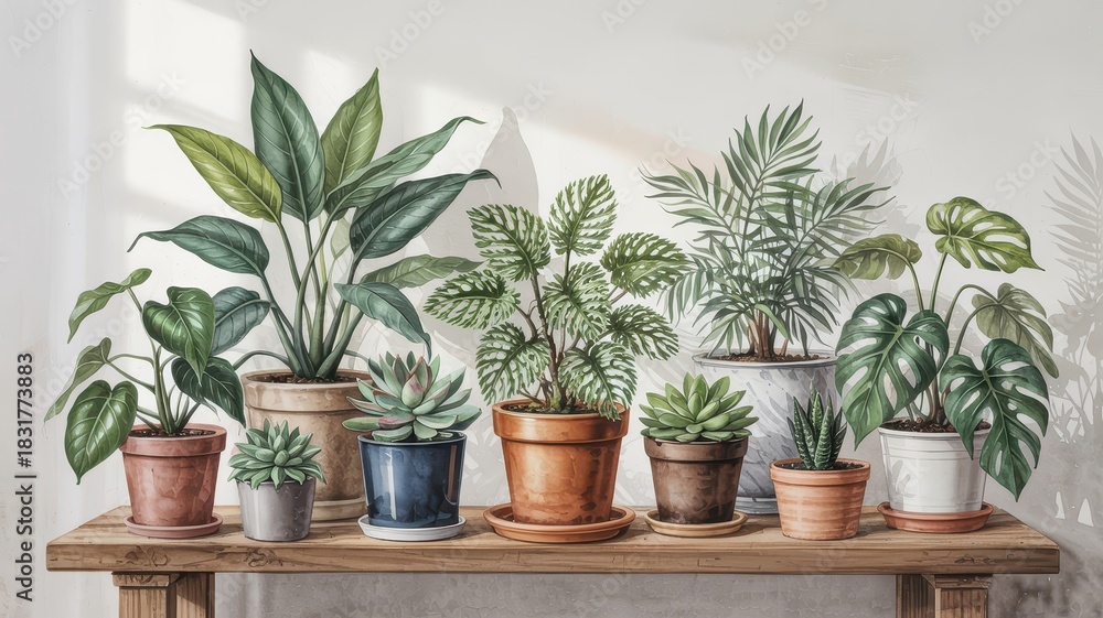 Fototapeta premium Indoor Jungle: A Watercolor Collection of Potted Plants