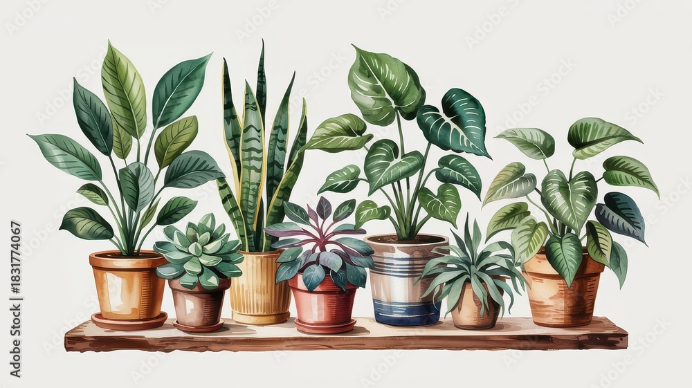 Fototapeta premium Indoor Jungle: Houseplants in Pots on Wooden Shelf