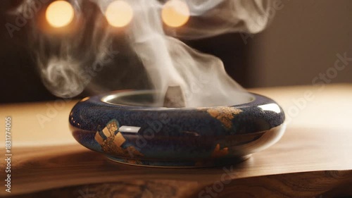 Wallpaper Mural Closeup of an incense cone burning in a decorative blue ceramic bowl Torontodigital.ca