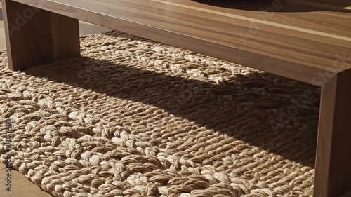 Wallpaper Mural Closeup of a woven jute rug with a wooden table casting a shadow Torontodigital.ca