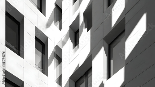 A modern building facade hit by strong hard light producing bold geometric shadow shapes across clean flat surfaces