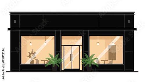 Elegant black store facade with plants and warm inviting interior lighting creates modern retail ambiance for boutique or small business