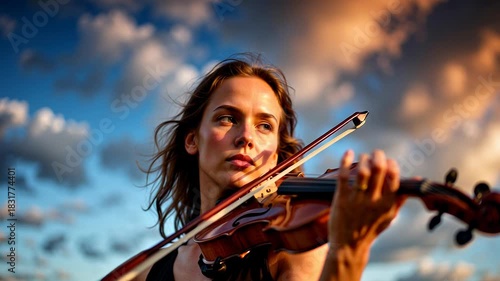 Young Woman Playing Violin Outdoors Under Dramatic Sunset Sky