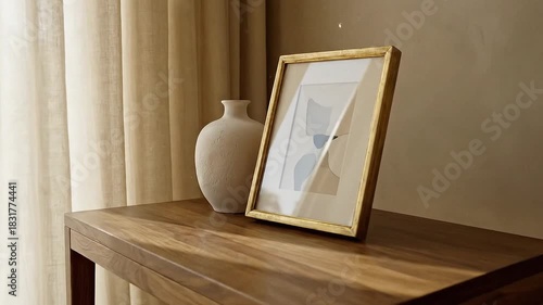 Wallpaper Mural Framed art and vase on wooden table near curtain Torontodigital.ca