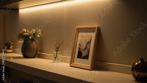 Wallpaper Mural Framed artwork and vase on a shelf with accent lighting Torontodigital.ca