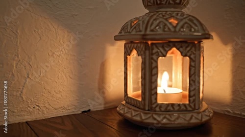 Wallpaper Mural Ornate ceramic lantern with lit candle on wooden floor Torontodigital.ca