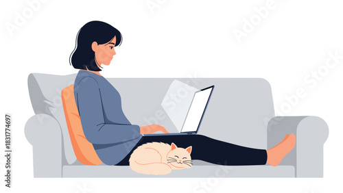 Cozy work from home vibes with a cat on the couch, perfect for lifestyle, comfort, and relaxation content needs