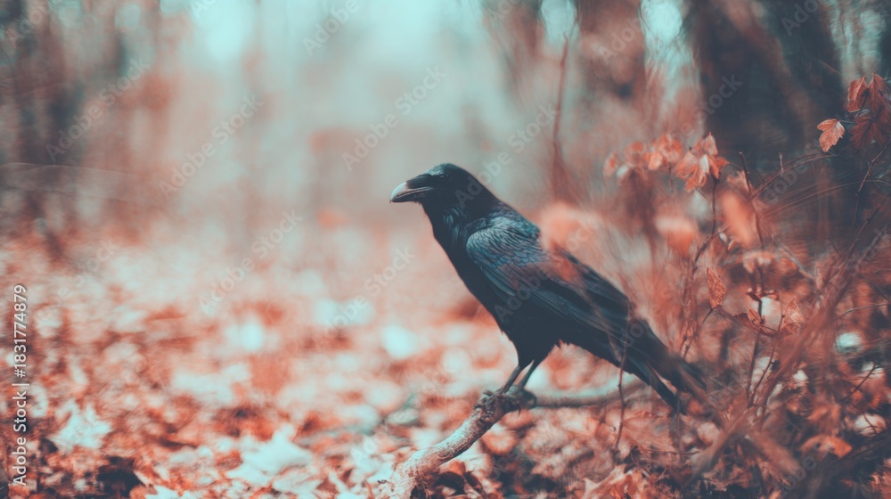 Fototapeta premium Bird perched on a branch in a forest during fall season