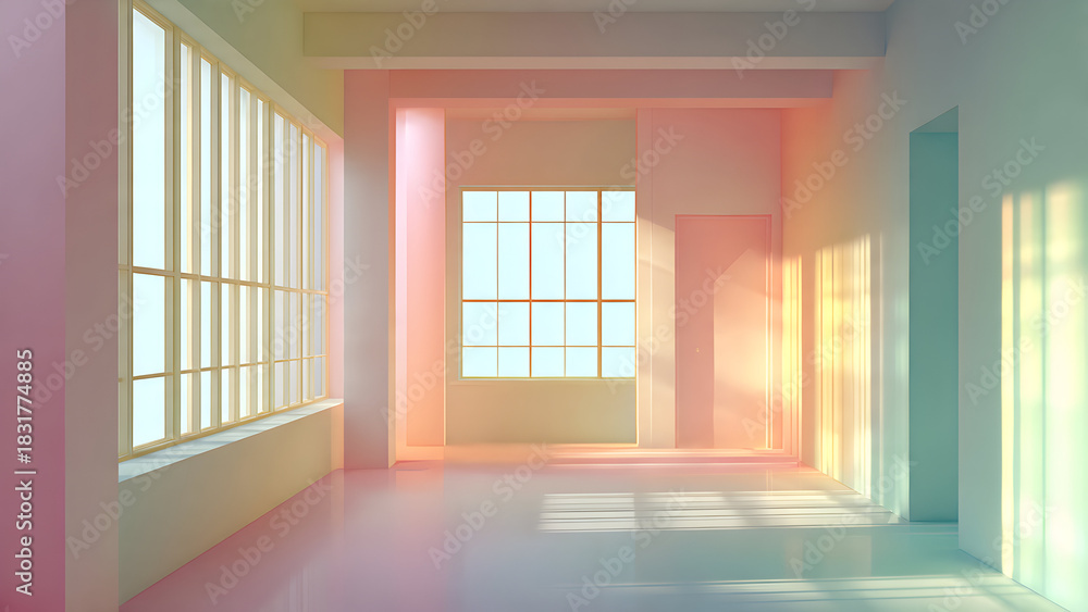 Fototapeta premium A pastel-colored room where window grid shadows fall gently in soft gradient tones forming airy geometric layouts