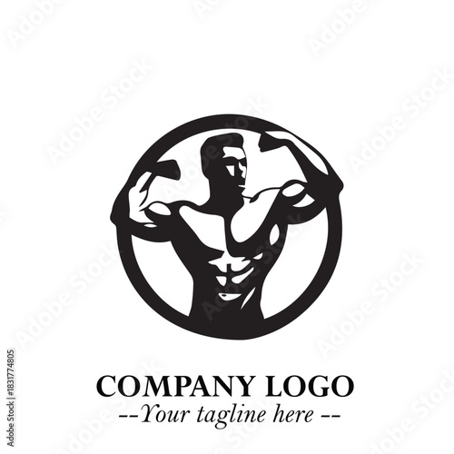 Man With Muscle Logo Symbol in Black on White Background for Strong Bold Fitness Branding Design Art