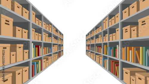 Organized warehouse shelving system with books and boxes shows efficient storage solutions for business archive retrieval and logistics