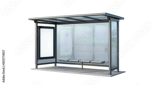 Modern Glass Bus Stop Shelter with Bench 3D Render